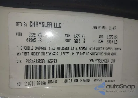 2008 Chrysler 300 Lx z USA, uszkodzony, nr VIN 2C3KA43R98H165743